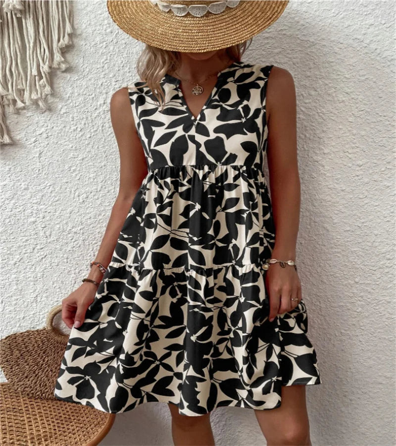 Spring and summer 2024 European and n Ladies Elegant Dress Bohemian fashion loose V-neck ruffle print dress