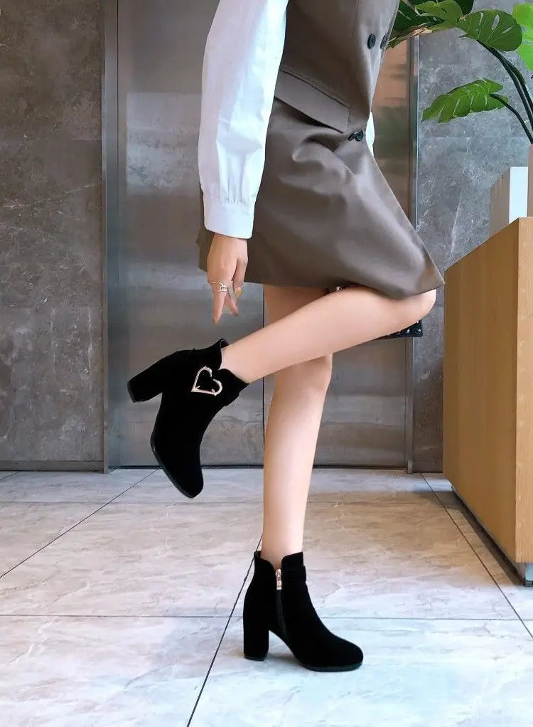 Women's Chunky Heeled Ankle Boots, Solid Color Side Zipper High Heels, Stylish Short Boots