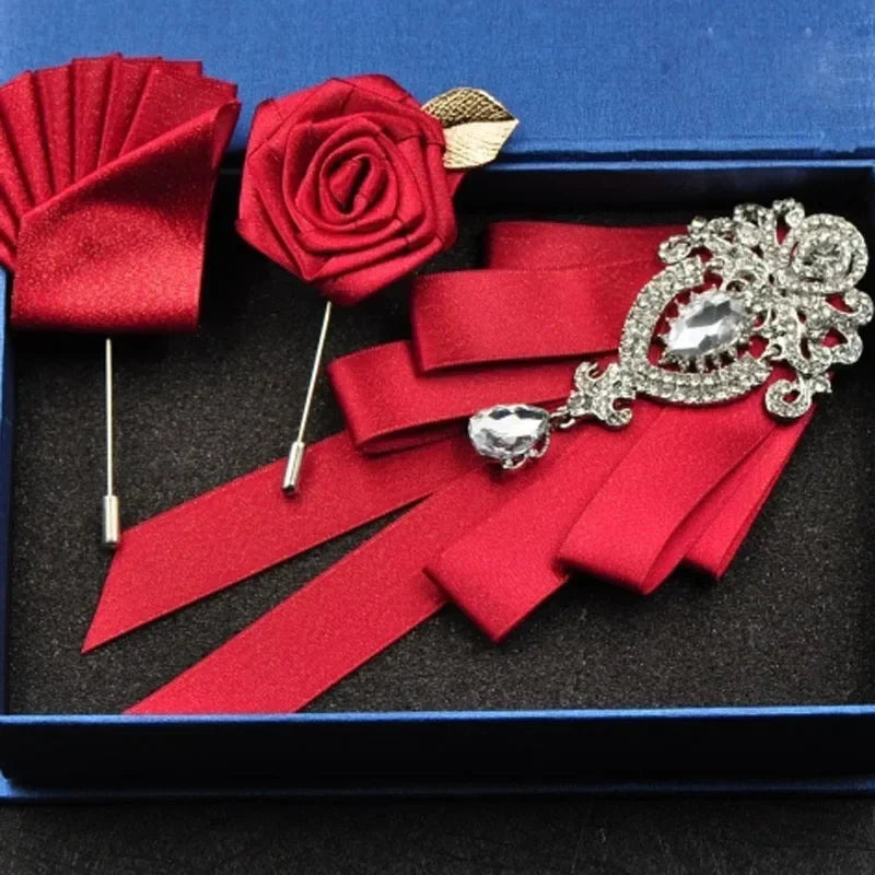 Fashion Handmade Bow Tie Wedding Collar Luxury Rhinestone Bowtie Necktie Brooch Pocket Towel Square Set Gift for Men Accessories