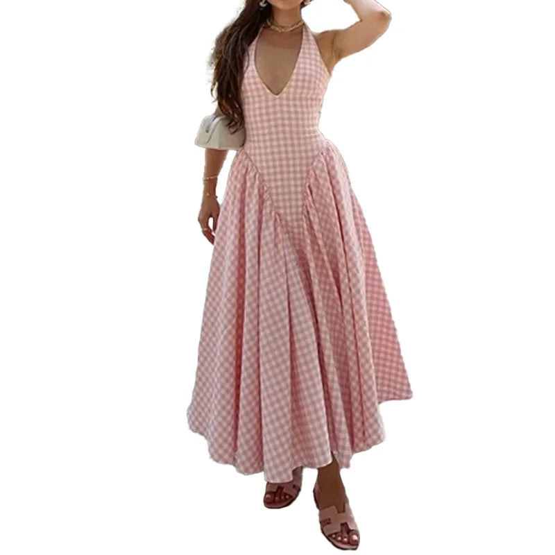 Women's Long Dress Spring Summer 2025 Elegant Hanging Neck V-neck Cinched Waist French Pink Dress Rock Damen Vestido Robe Femme