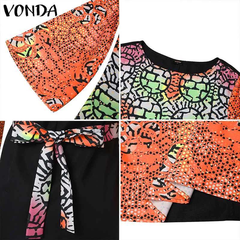 VONDA Women Dresses Bohemian Printed Long Flare Sleeve Vestidos 2024 Causal Sundress Robe Round Neck Loose Robe Oversized