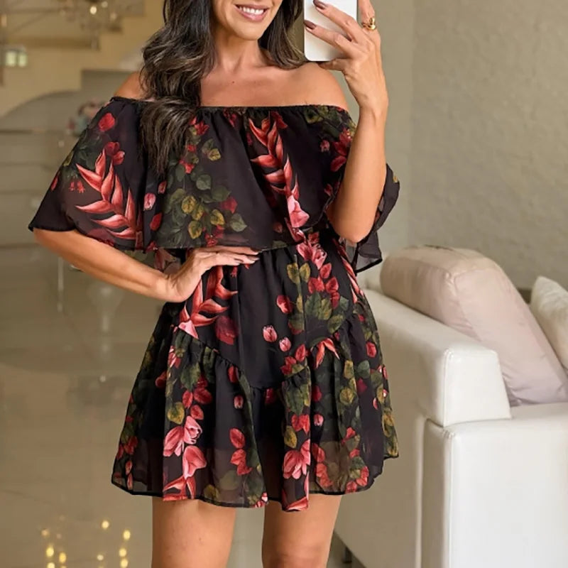 Spring One Shoulder Banquet Mini Dress 2025 Pattern Print Elastic Waist Female Dress Women All Match Shaw Sleeve Ruffle Dress