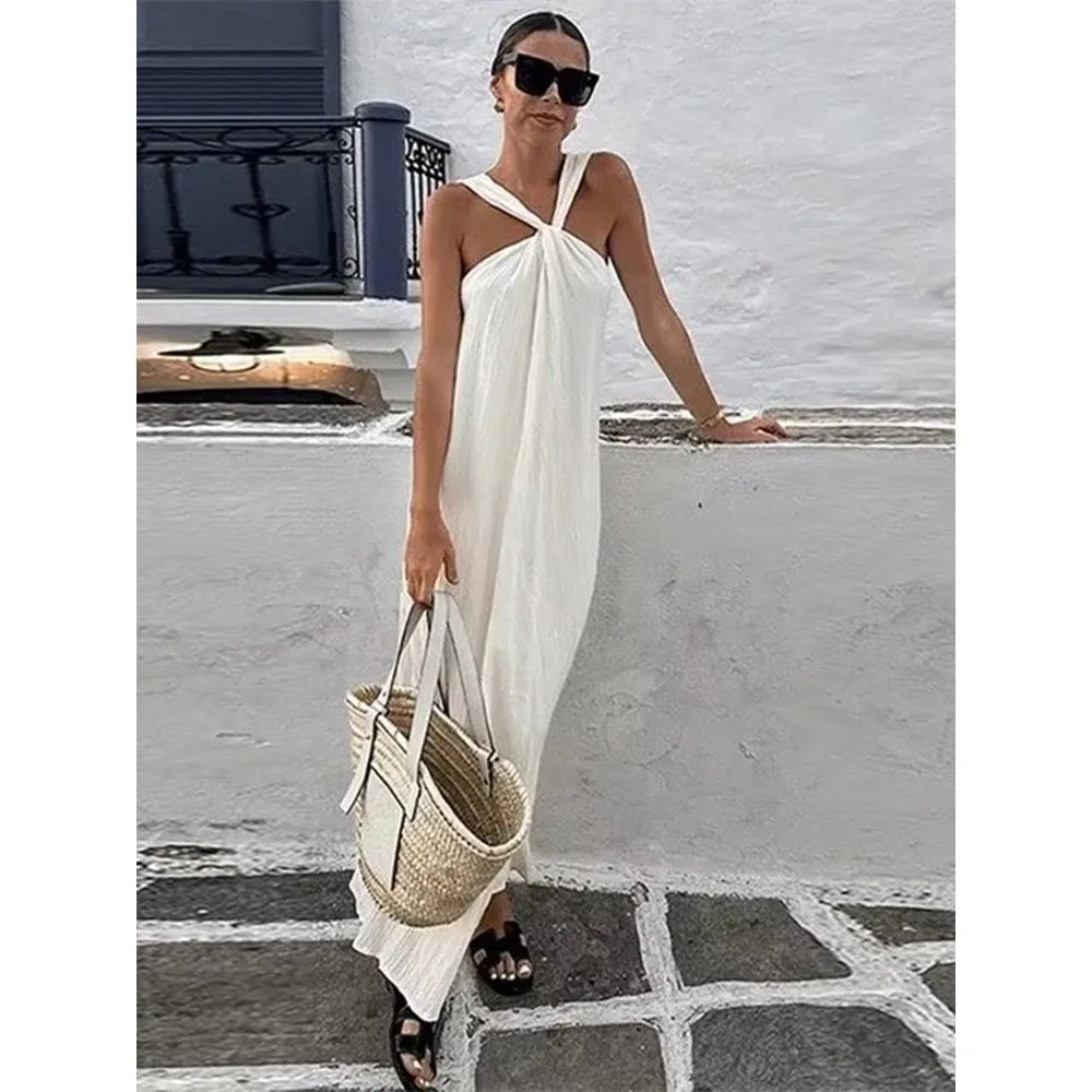 2025 Spring Women's High Street Sexy White Off-the-shoulder Halter Pleated Floor-length Dress Fashion Sleeveless Loose Dress