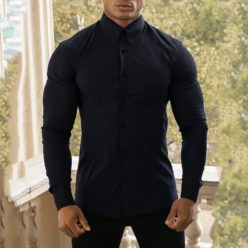 Spring Autumn New Fashion Long Sleeve Shirt Mens Super Slim Fit Luxury Classic Turn-down Single Breasted Business Dress Shirt