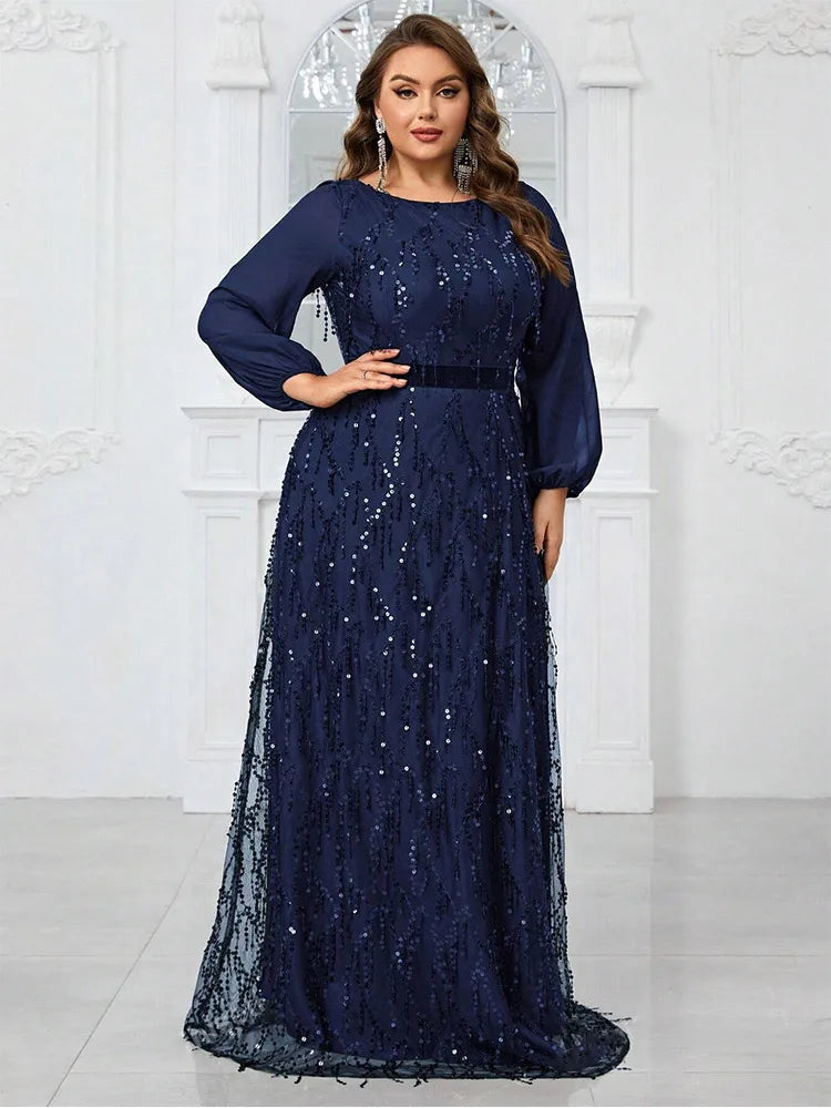 Plus Size Round Neck Black Sparkling Sequins Long Sleeve Floor-Length Evening Gown 4LX 5XL Big Size Marriage Prom Gown Women