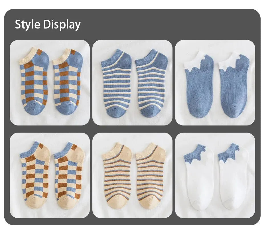 6 Pairs of Women's Spring and Summer Four Season Striped Plaid Fashion Trend Simple and Comfortable Sports Style Socks