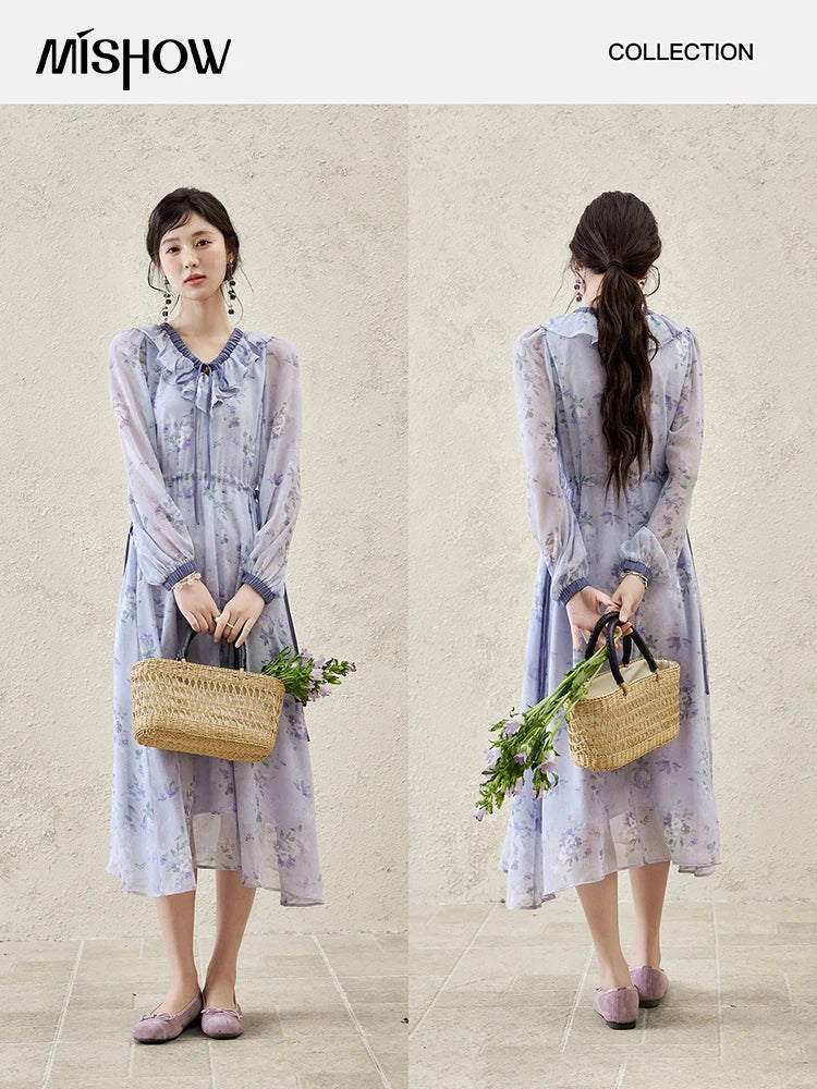 MISHOW Print Spring Summer Dress for Women New 2025 Ruffled V-neck Long Sleeve Blue French Dresses Female Fashion MXE15L2139