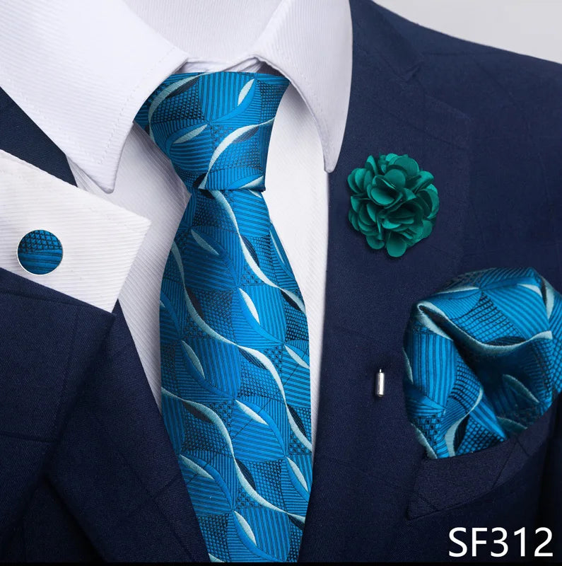 Luxury Mens Ties Floral Black Gold Ties Paisley NeckTie Pocket Square Cufflinks Brooch Set Men's Wedding Party Tie