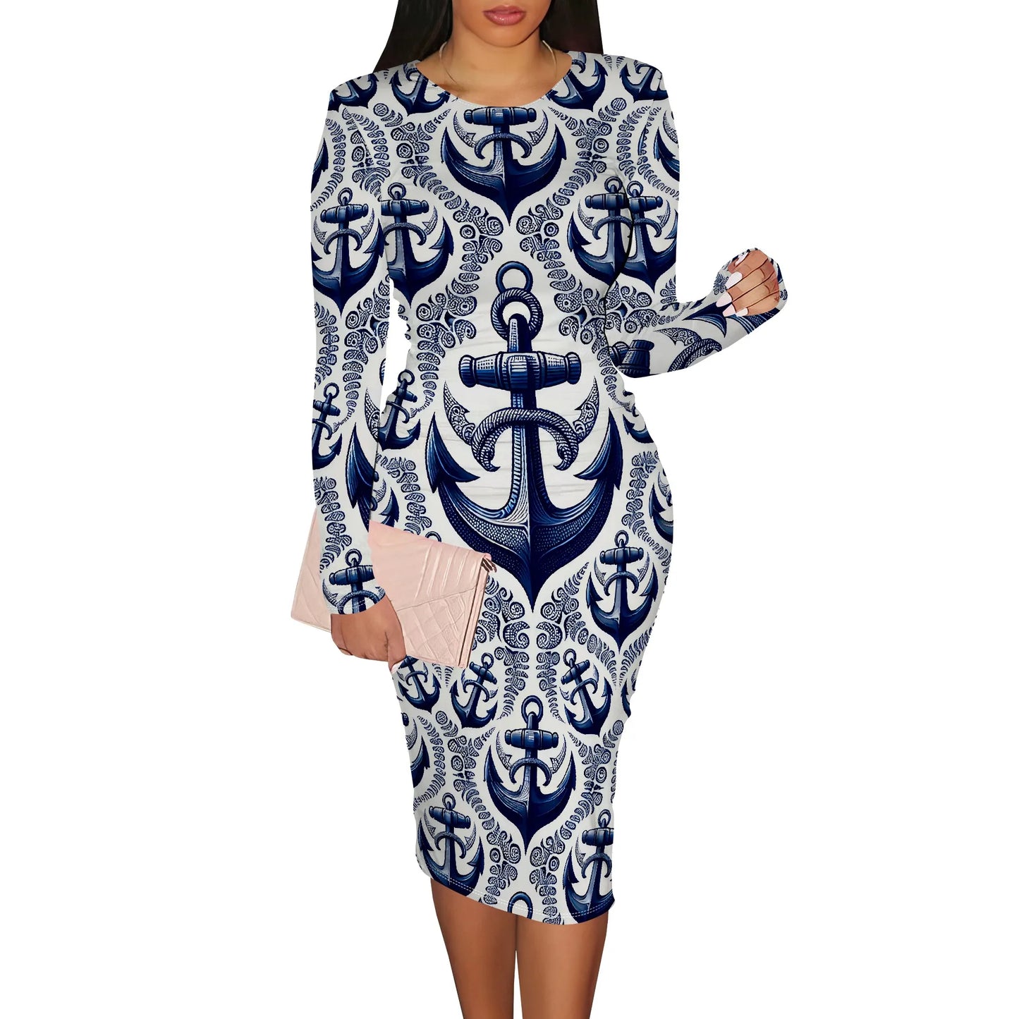 Women's Spring Casual Dress Sexy Slim Pleated Long Sleeve Crew Neck Midi Dress Fashion Out Party Pencil Skirt