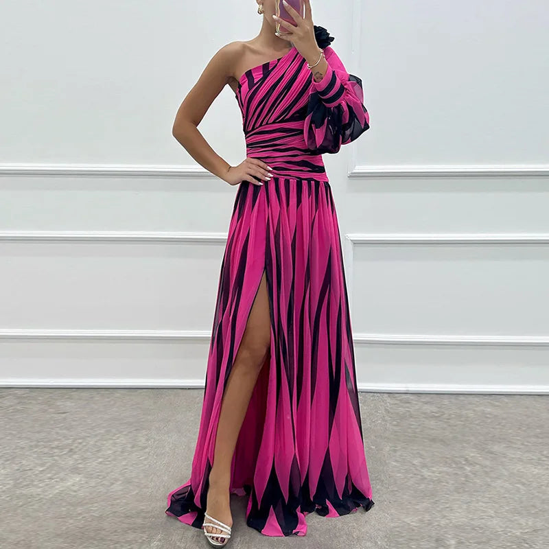 Spring Summer One Off Shoulder Fashion Party Dress, Women Printing Skew Collar Slim Maxi Dress, Long Sleeve Elegant Ladies Dress