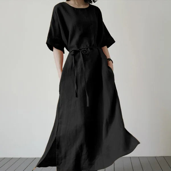 Spring Summer Women's Long Dresses Fashionable Split Hem Skirts Short Sleeves Casual Waistbands Cotton Linen Dresses For Women