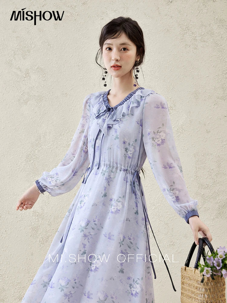 MISHOW Print Spring Summer Dress for Women New 2025 Ruffled V-neck Long Sleeve Blue French Dresses Female Fashion MXE15L2139