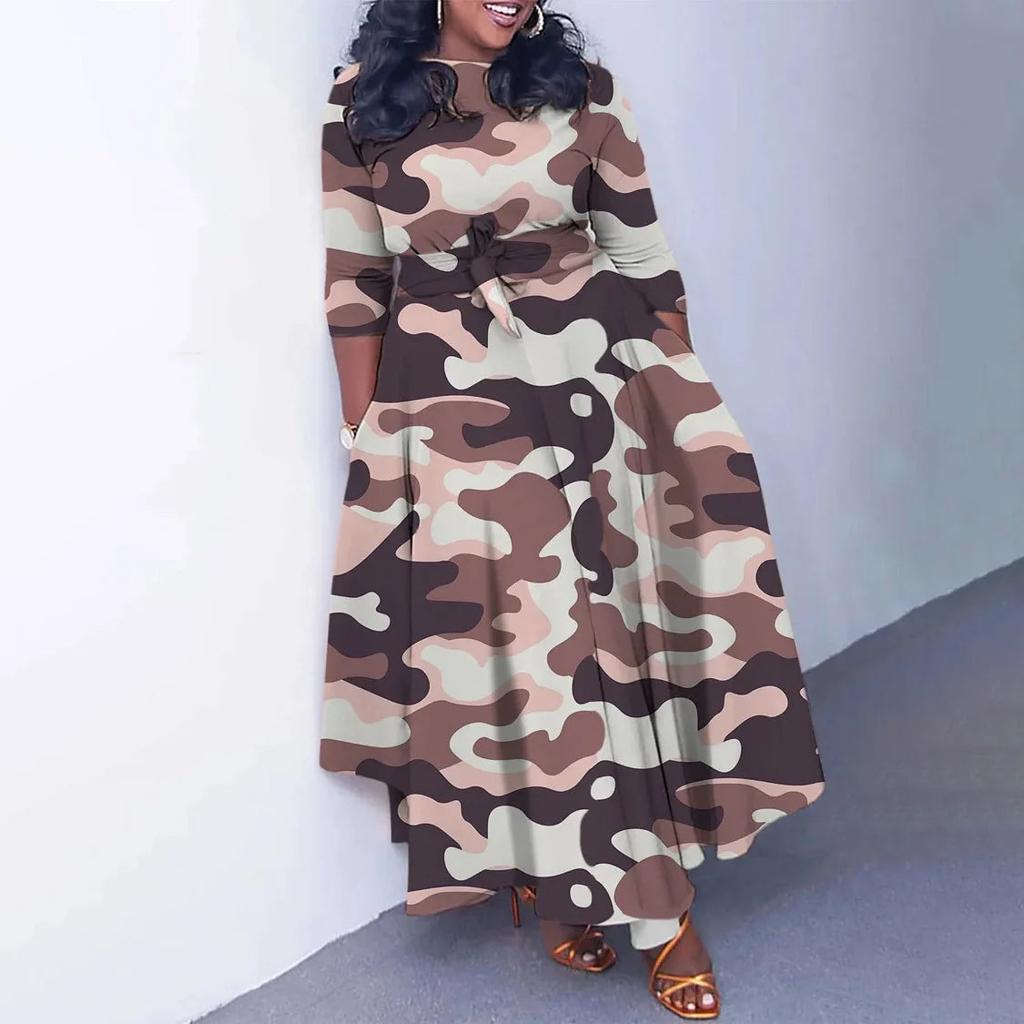 Women's 2024 Autumn New Style Fashionable Elegant Temperament Fashionable Printed Strap Waist Large Skirt Large Size Dress