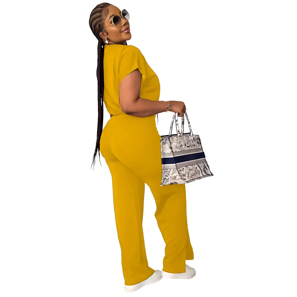 Women Casual Round Neck Drawstring Short Sleeve Top & High Waist Pants Set Summer Solid Two Piece Suit Sets Outfits Set Female