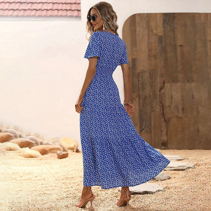 Spring Summer Tierred Dress Women Midi Dresses Female Short Sleeve Elastic Waist Printed Floral Pleated Backless Casual Dress