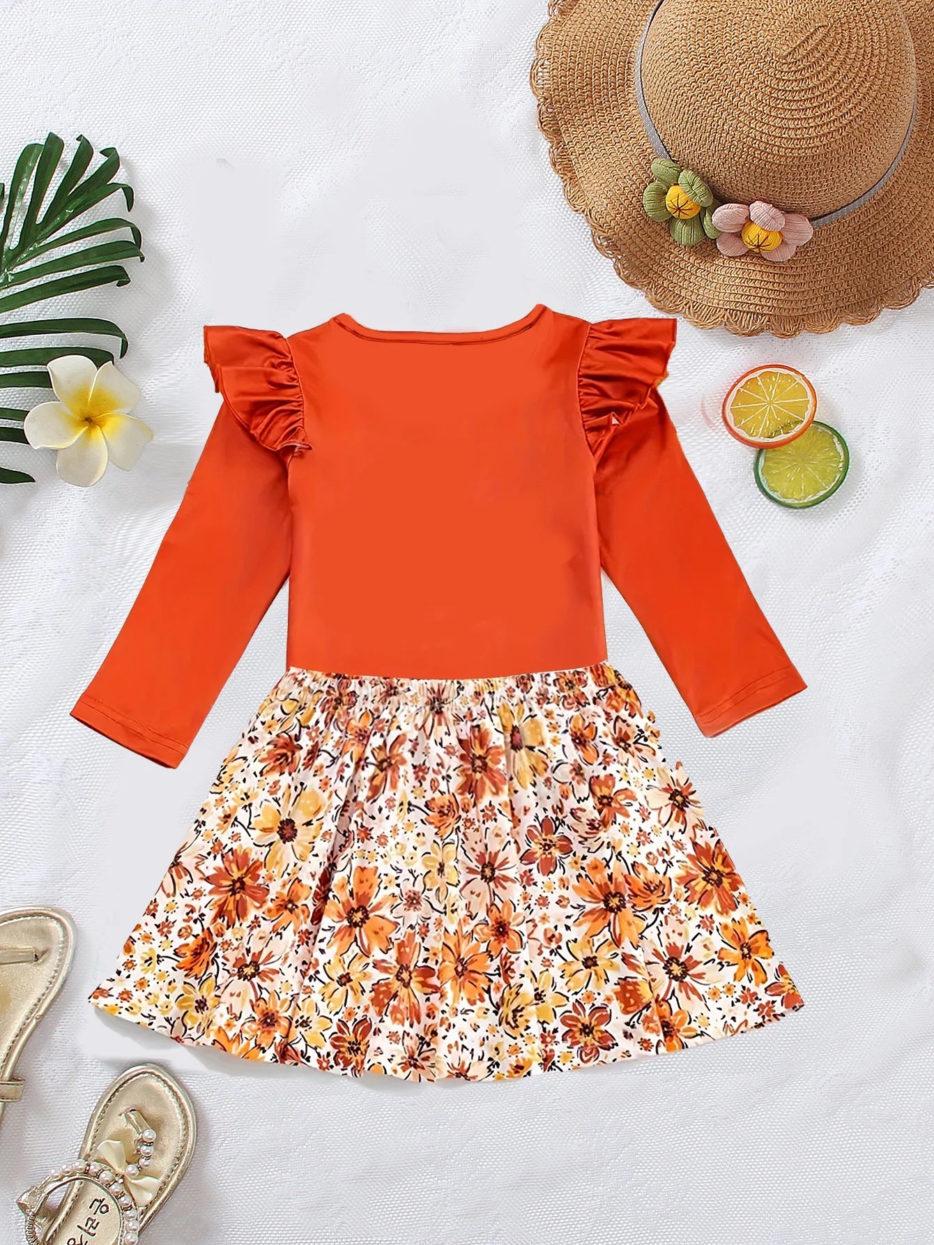 Spring Fashion Girl Dresses, Orange Tops With A Magical Combination Of Floral Hemlines, Make This Spring Come Alive