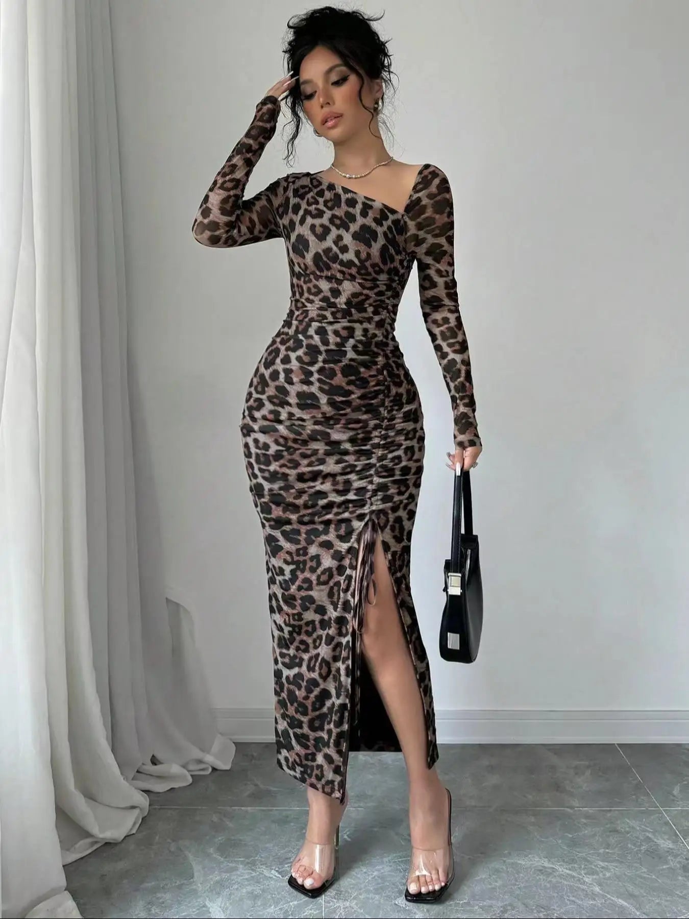 Sexy Leopard Print Women's Dresses Fashion Ruffled Sexy Slit Party Dress For Women Spring Summer Bodycon Package hip Vestidos