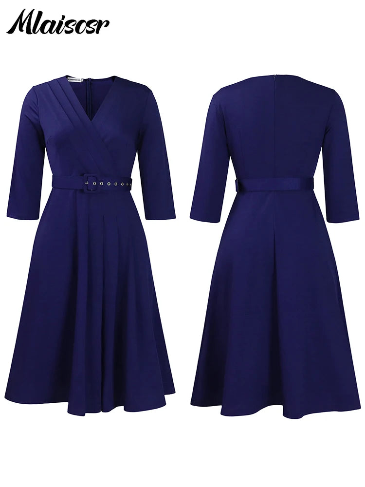 Mlaiscsr Evening Gowns Dresses with Belt Women Clothing V Neck 3/4 Sleeves A Line Pleataed Dress Occasion Elegant Office Outfits