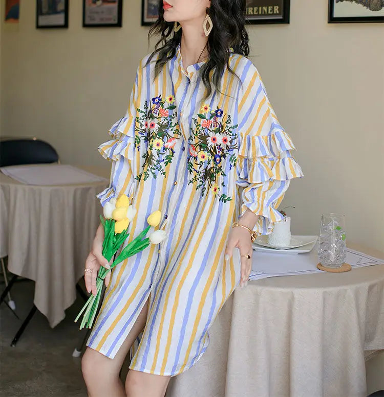 Spring Summer Floral Embroidery Dresses Contrasting Colors Striped Female Single-breasted Ruffles Spliced Straight Midi Dress