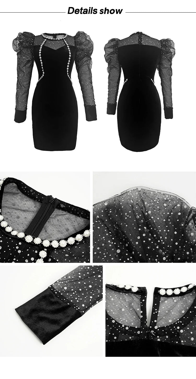 Spring Women Mini Dress French Court Retro Black Mesh Patcchwork Appliques Flower Puff Long Sleeve Bag Hip Vestidos Para Mujer