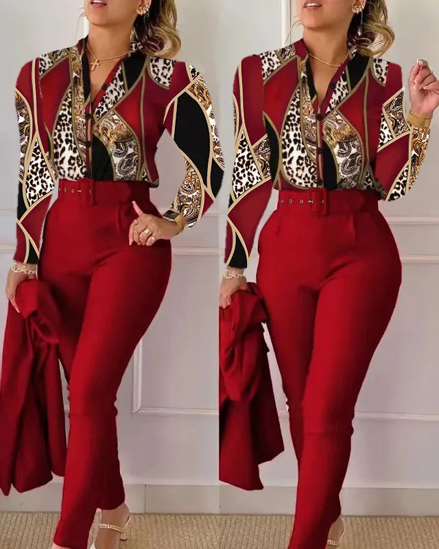 Women's Elegant Autumn/Winter Printed V-Neck Long Sleeve Button Shirt Top Fashion Solid Color Long Pants 2 Piece Set With Belt