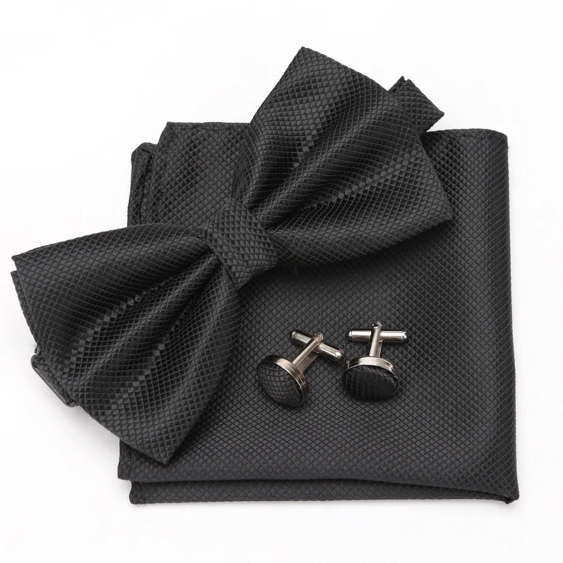 Multicolor Bowtie Pocket Square Cufflinks Sets Classic Solid Color Bowtie Wedding Party Formal Gift Plaids Adjust Neck Bow Tie