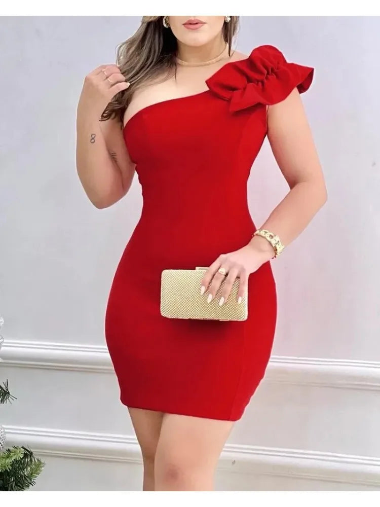 Sexy Mini Dress Women 2024 Summer New Fashion One Shoulder Ruffle Hem Bodycon Dress Elegant Woman Clothing Party Dresses