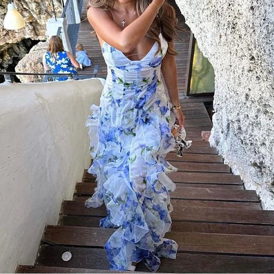 Spring Summer Floral Print Slim Chiffon Dress Female Fashion V Neck Ruffle Long Dress Elegant Sleeveless Party Dresses Vestidos