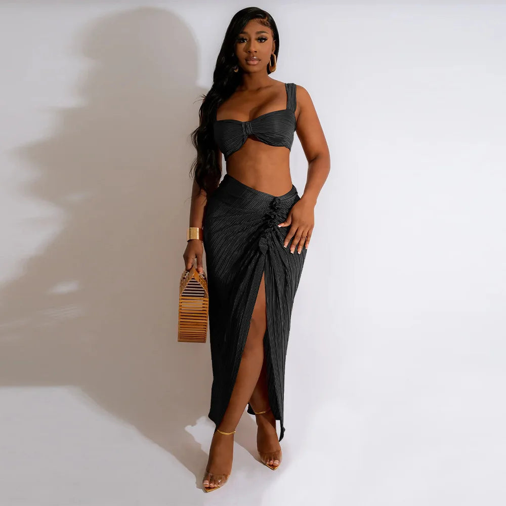 Summer Dresses for Women Two Pieces Set Sexy Backless Halter Top and High Waist Side Slit Pleated Skirt Matching Lady Streetwear