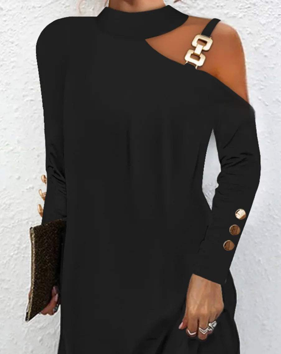 Fashion Women Solid Casual Dress Autumn Winter Female Elegant Long Sleeve Metal Buckle Halter Neck Casual Mini Dress Robe Femme