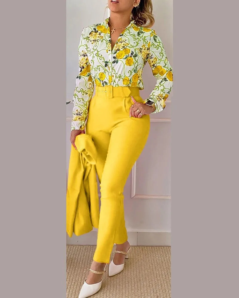 Women's Elegant Autumn/Winter Printed V-Neck Long Sleeve Button Shirt Top Fashion Solid Color Long Pants 2 Piece Set With Belt