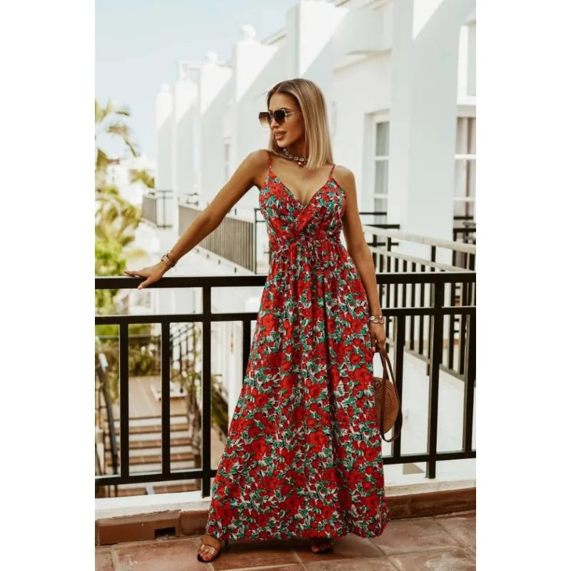 Spring Summer Elegant Women Corset Bohemian Dress Sexy New 2024 Fashion Strap V Neck High Waist Print Long Vacation Dress