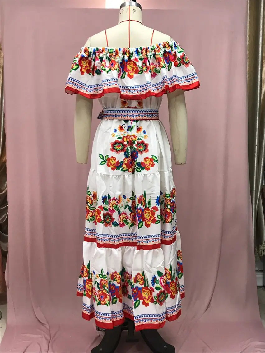 2024 Spring Summer Women's New Sexy One Shoulder Off Shoulder Fashion Red Flower Printed Lace Up Waist Long Swing Dress