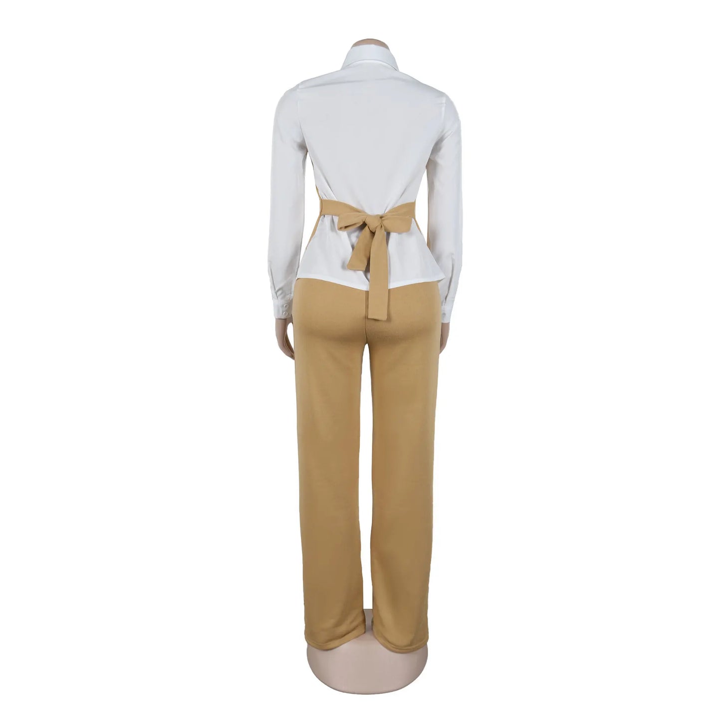 HLJ Elegant Lady Patchwork Shirts Two Piece Sets Women Lapel Long Sleeve Button Top And Pants Outfits Autumn OL 2pcs Clothing