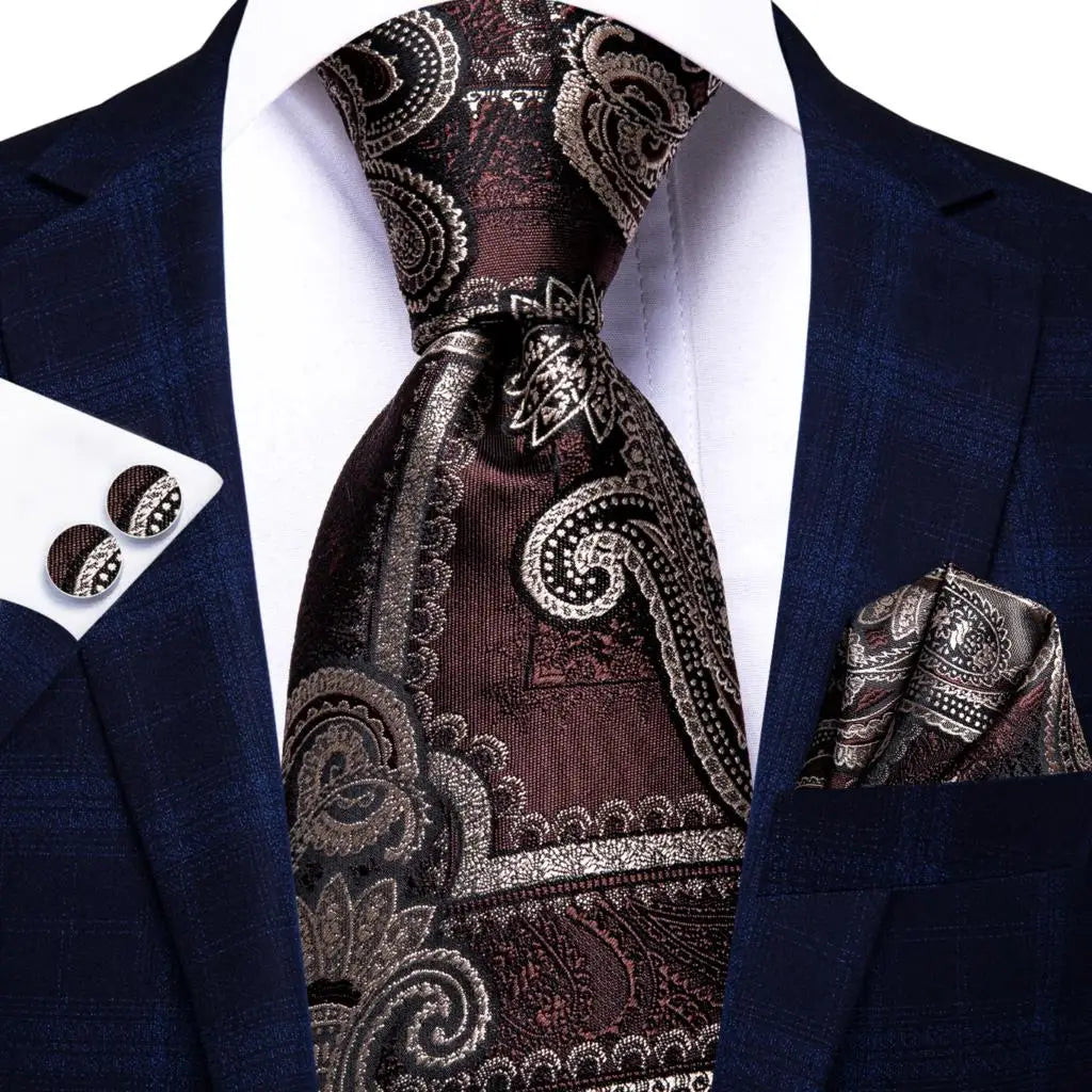 Hi-Tie Paisley Brown Tie For Men Elegant Mens Necktie Pocket Square Cufflink Groom Wedding Accessory Wholesale New Designer