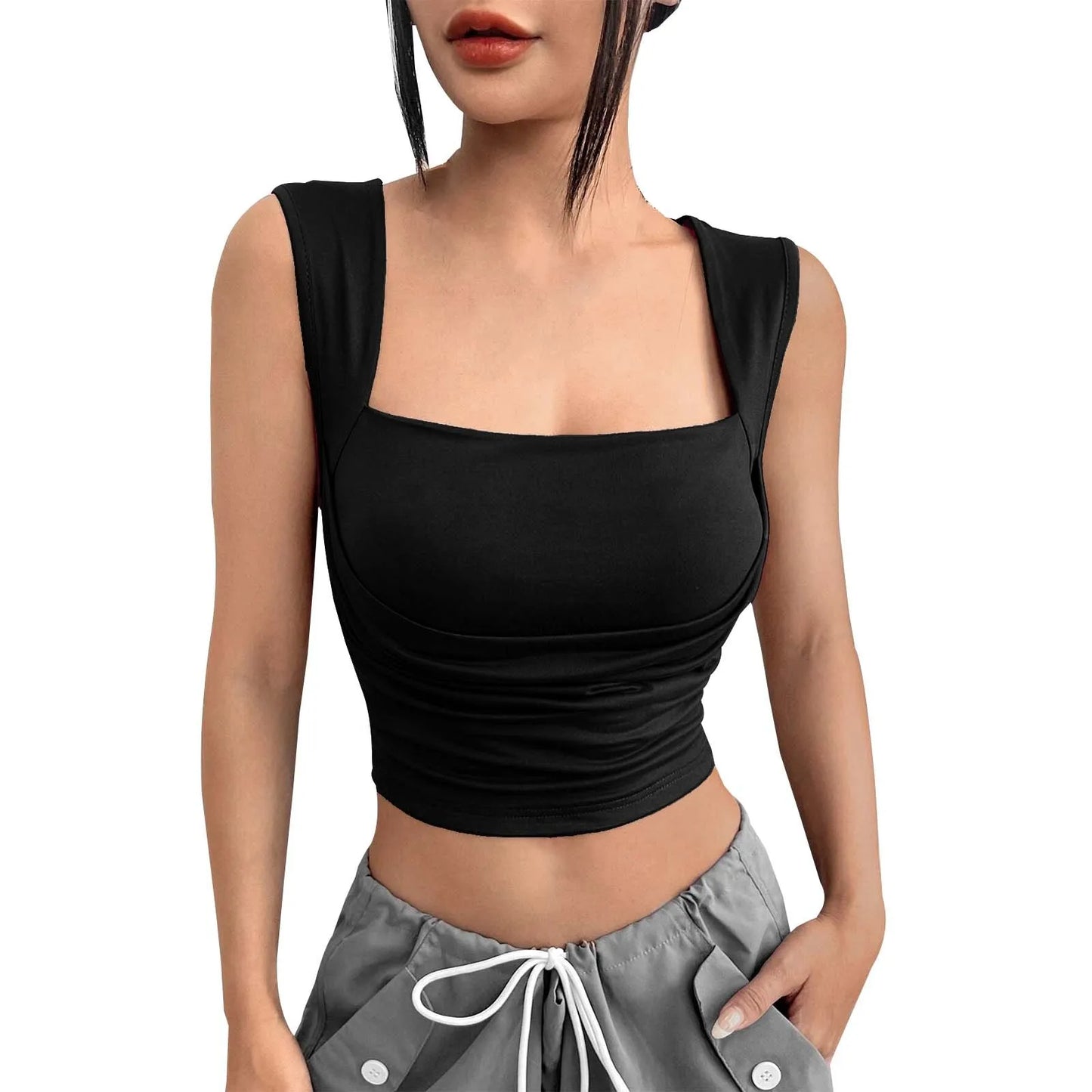 Korean Fashion Tank Crop Tops Women's Slim Fit Short Sexy Blouse Solid Square Neck Push Up Camisole Streetwear Y2k Tops футболка