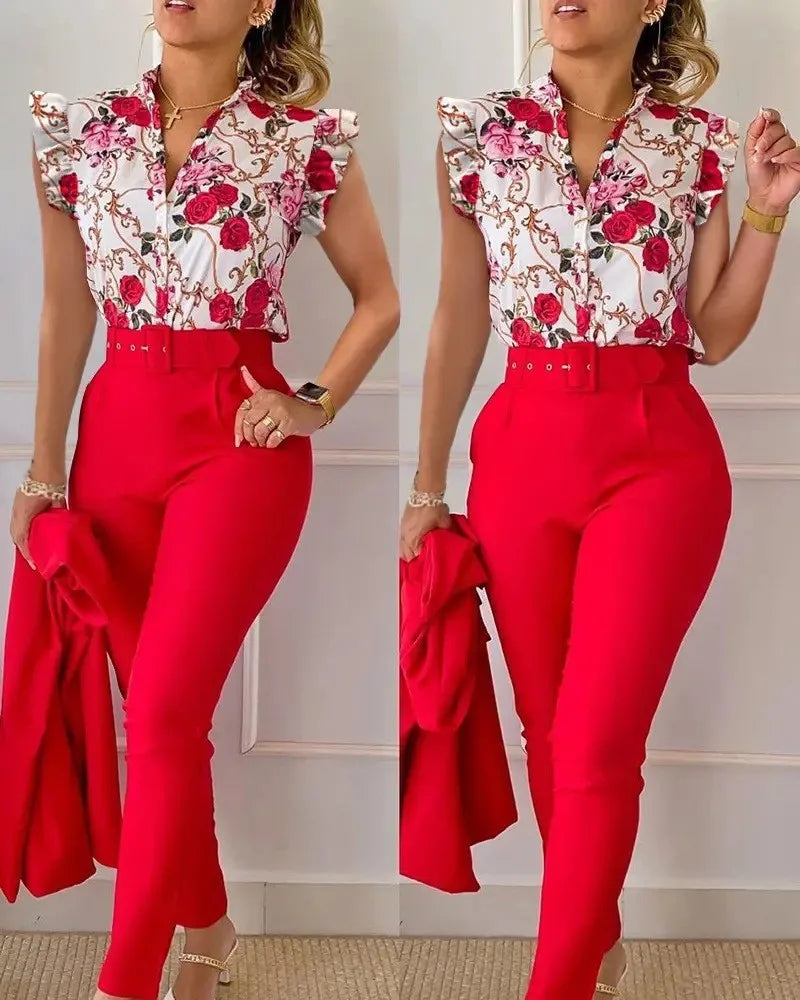 Elegant Women Printed Two Piece Suit Sets Spring Autumn V Neck Short Sleeve Shirt Top & Long Pants Set With Belt Workwear Outfit
