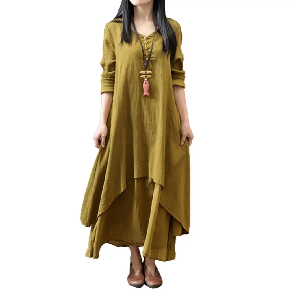 Anself Spring Fashion Women Casual Loose Dress Solid Color Long Sleeve Oversized Ladies Dresses Plus Size Boho Long Maxi Dress