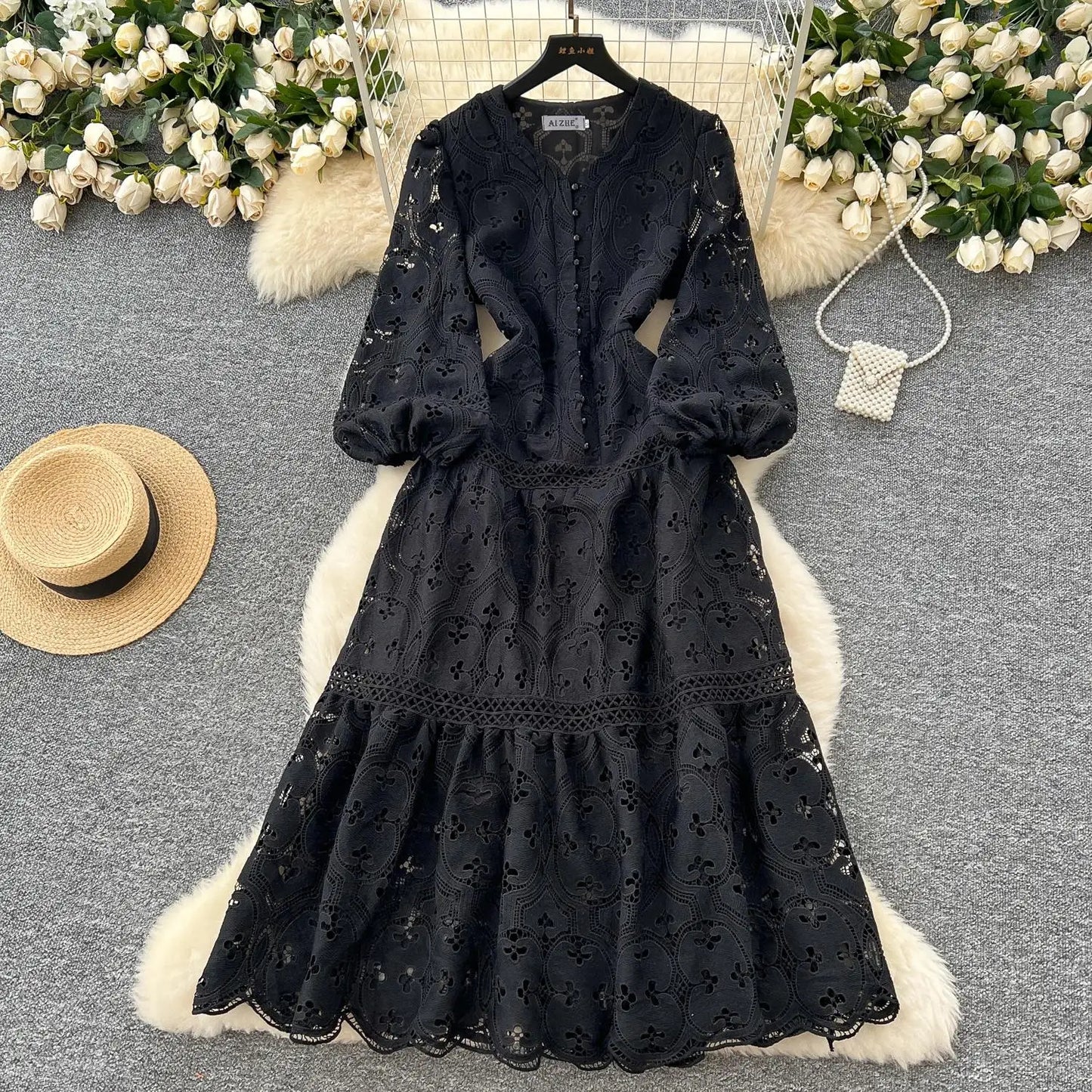 Spring French Vacation Fashion Dress Women Buttons Hook Flower Hollow Out Design 2025 High Quality Lace Ruffles Long Dress