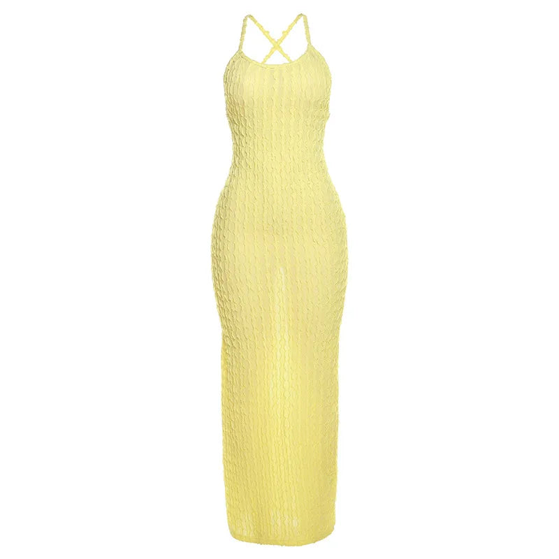 ANJAMANOR Halter Backless Maxi Summer Dresses for Women 2023 Sexy Beach Vacation Outfits Yellow Frilled Slit Long Dress D96-BH26