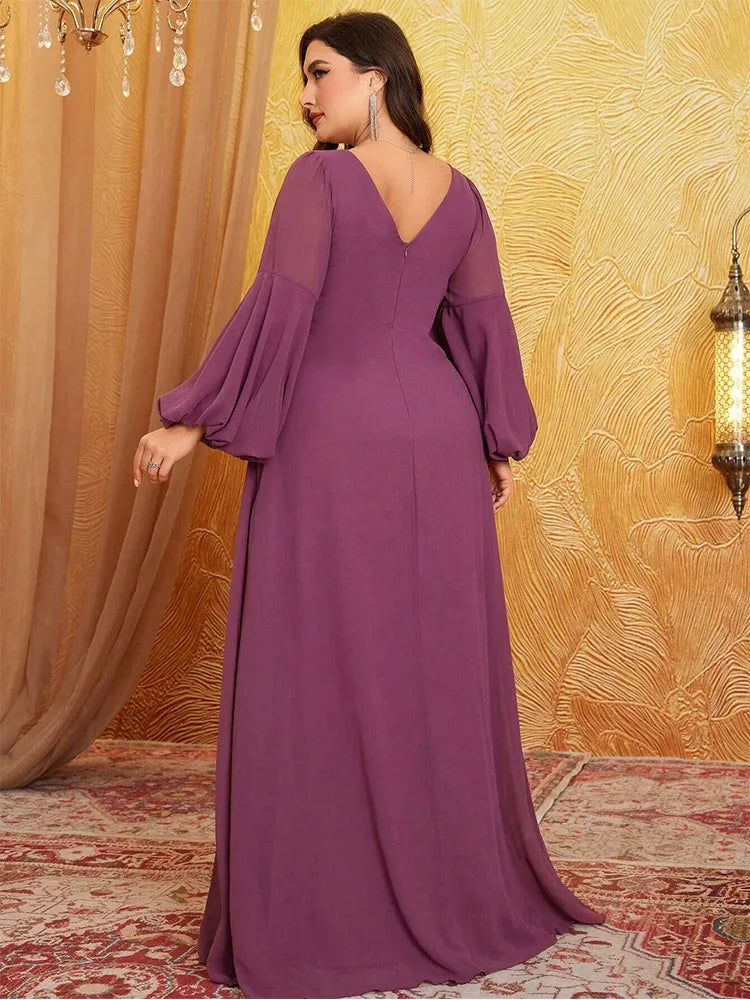 Plus size pink sequined long-sleeved sequined floor-length chiffon evening dress Big Size luxury sparkling banquet Prom Gown