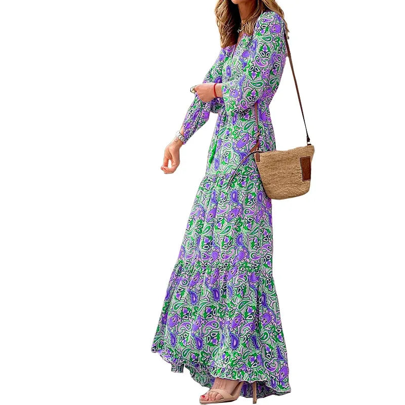 Elegant Women's Flower Long Dresses 2024 Spring New Bohemian Printed Dress Abıye Kadın Abiye Платье Robe Ete Femme Vestidos