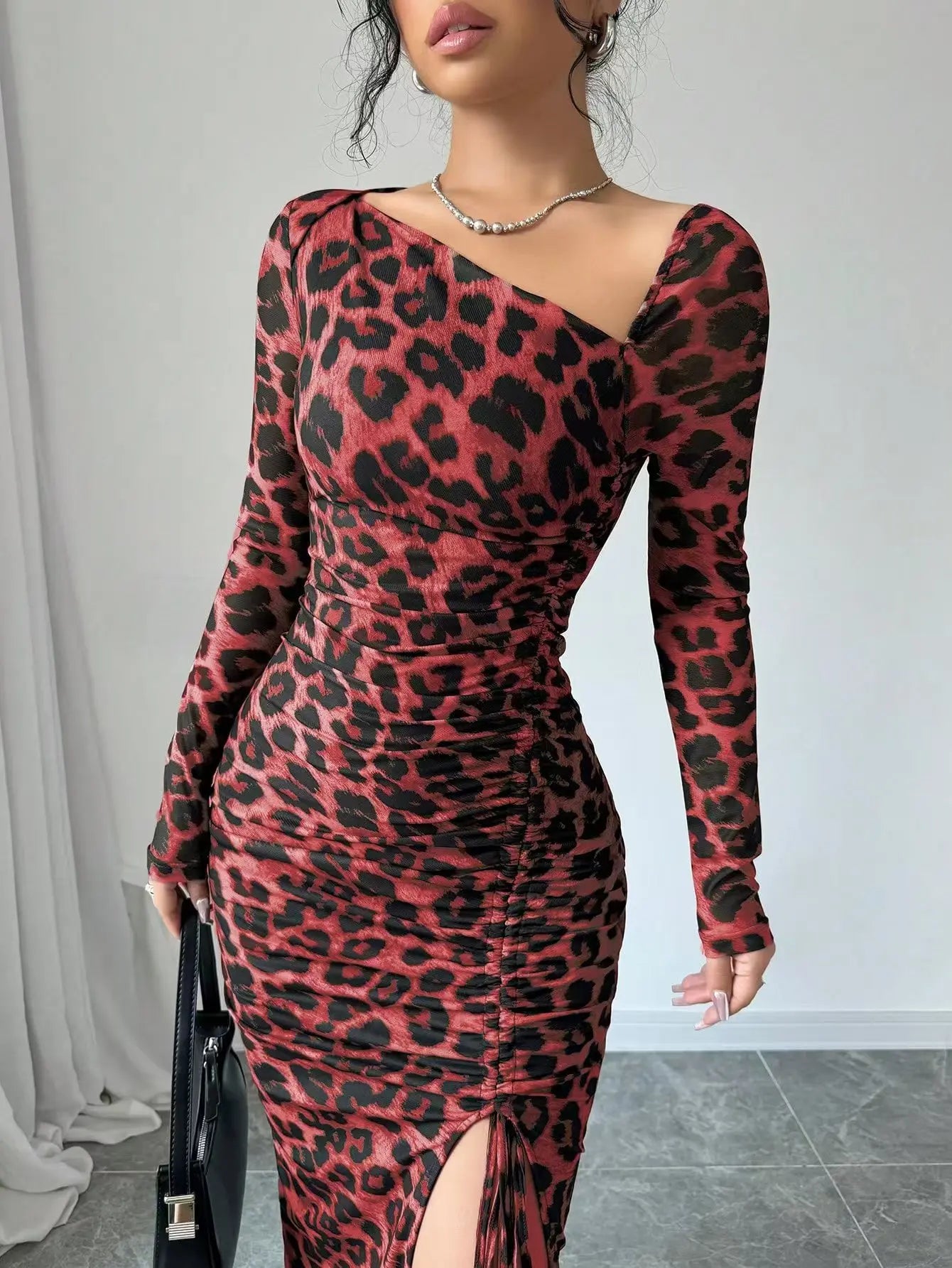 Sexy Leopard Print Women's Dresses Fashion Ruffled Sexy Slit Party Dress For Women Spring Summer Bodycon Package hip Vestidos