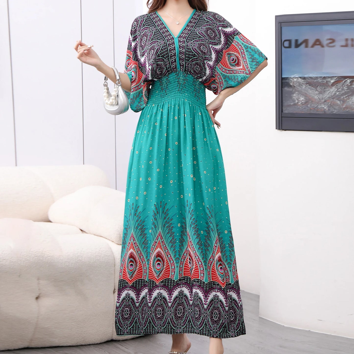 Spring New In Women's Dress V-Neck Short Sleeve Dress Elegant Sweet Print Dress Casual Retro Boho Elastic Waist A-Line Dress