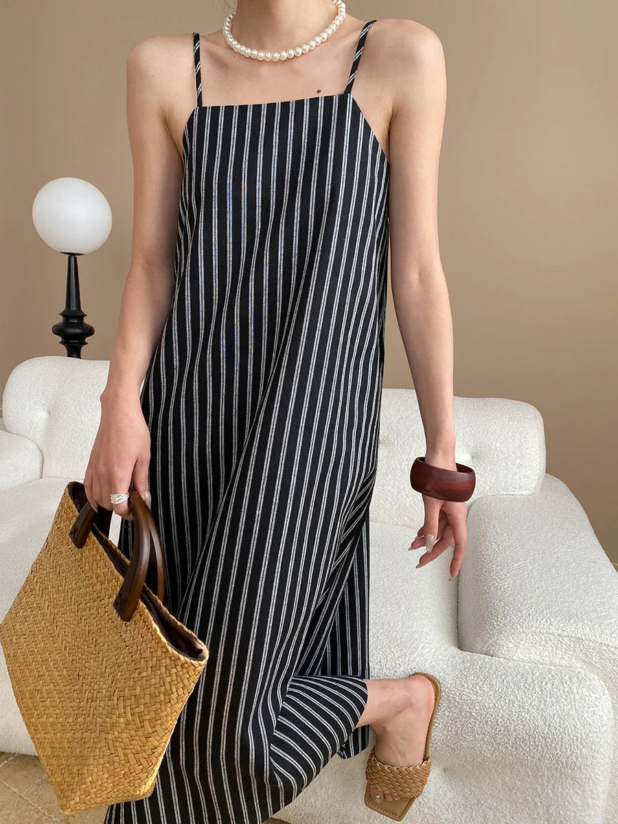 Spring and summer women's casual striped loose suspender dress