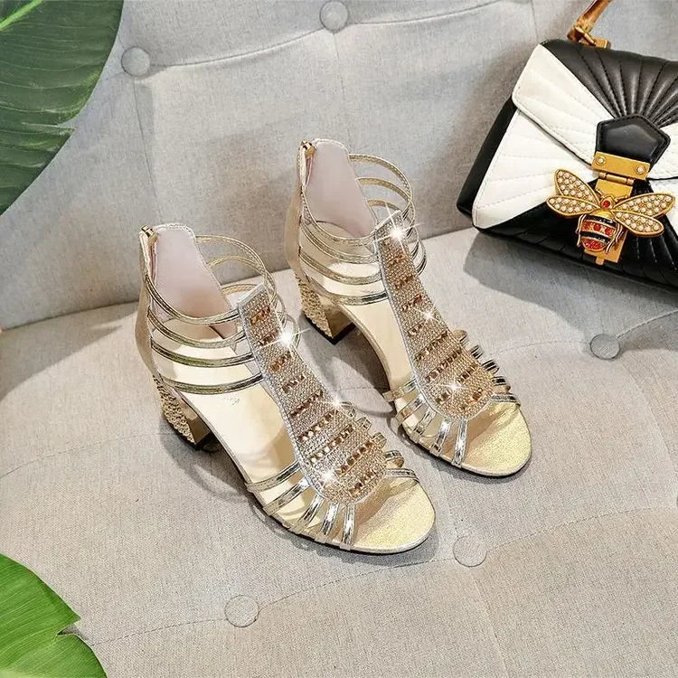 Silver Gold Sandals Peep Toe Chunky Heels New Women Wedding Shoes Ankle Boots Sandal Open Toe High Heels Dress Gold Bling Pump