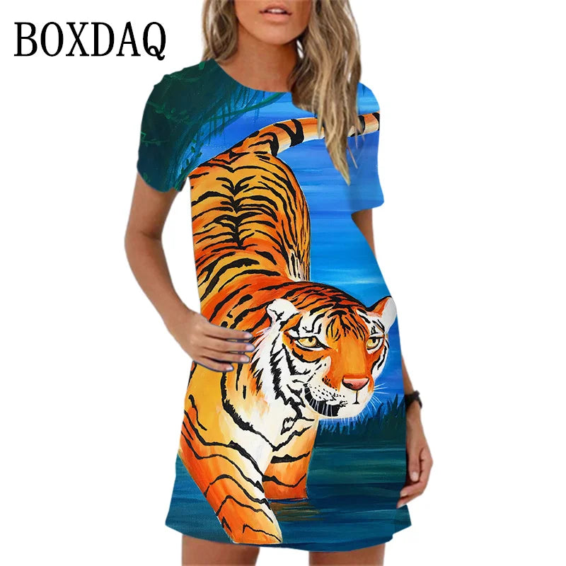 2024 New Spring Women Dresses Fashion Tiger Pattern Printing Short Sleeve Dress Summer Casual Oversized A-Line Mini Dress Womans