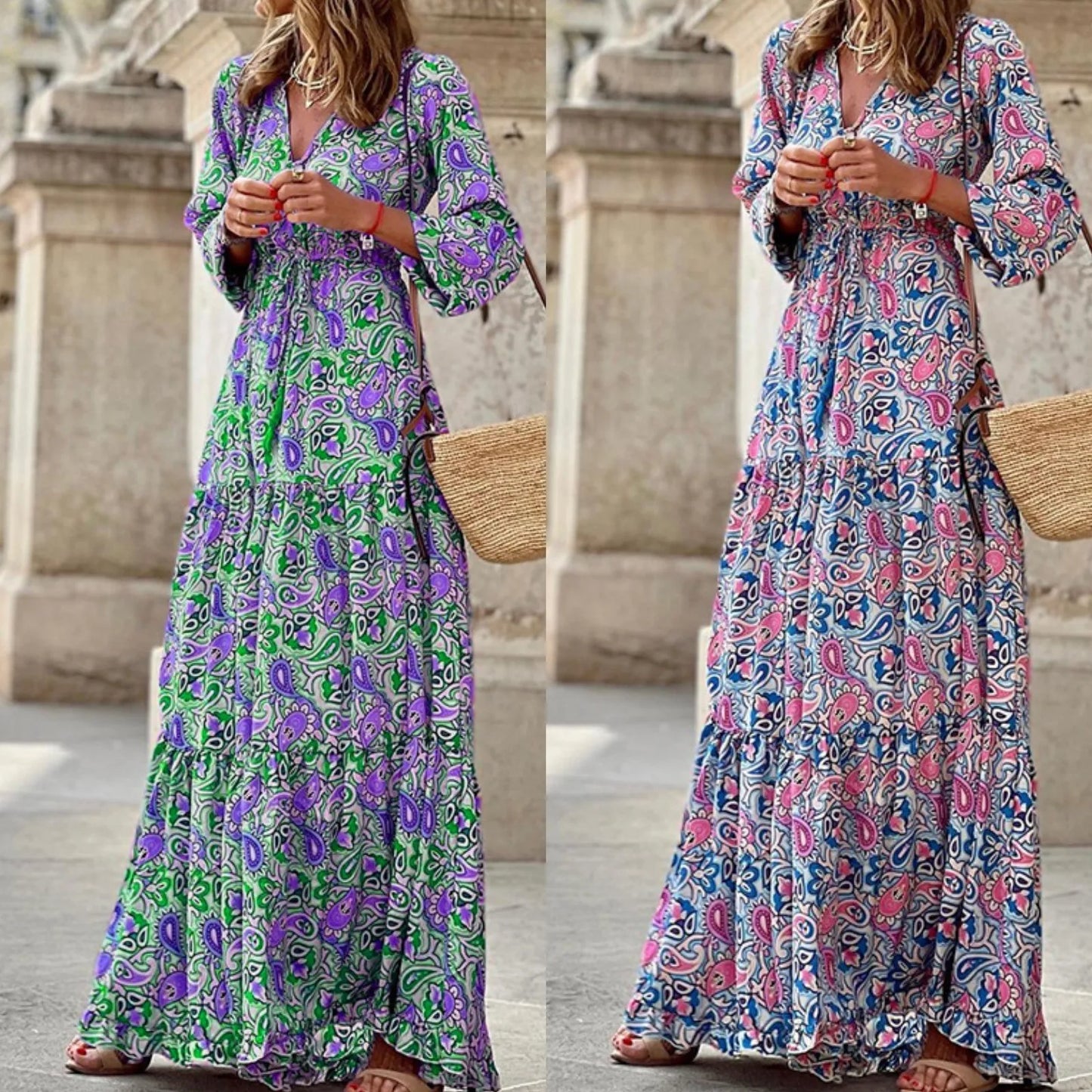 Elegant Women's Flower Long Dresses 2024 Spring New Bohemian Printed Dress Abıye Kadın Abiye Платье Robe Ete Femme Vestidos