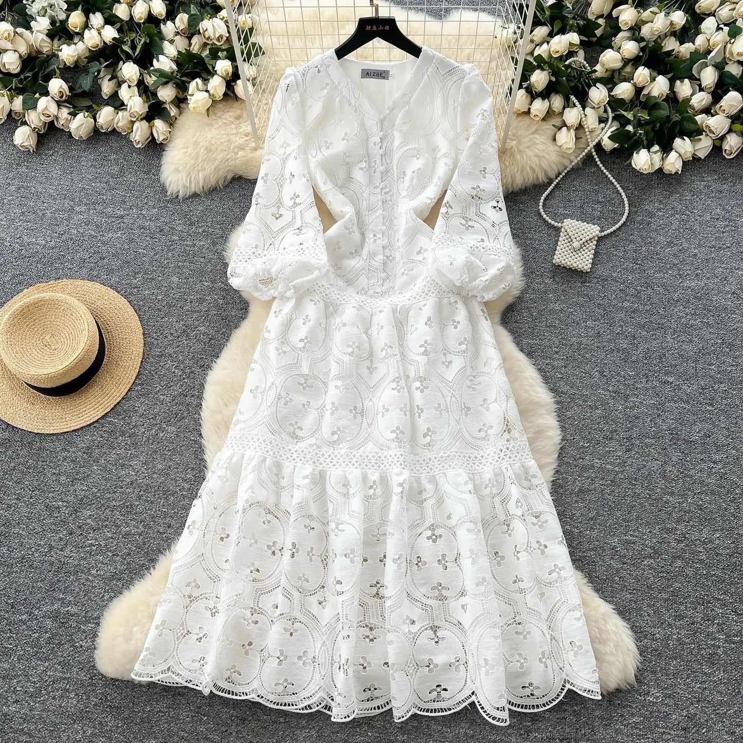 Spring French Vacation Fashion Dress Women Buttons Hook Flower Hollow Out Design 2025 High Quality Lace Ruffles Long Dress