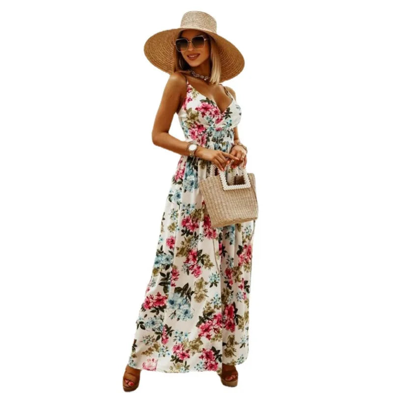 Spring Summer Elegant Women Corset Bohemian Dress Sexy New 2024 Fashion Strap V Neck High Waist Print Long Vacation Dress